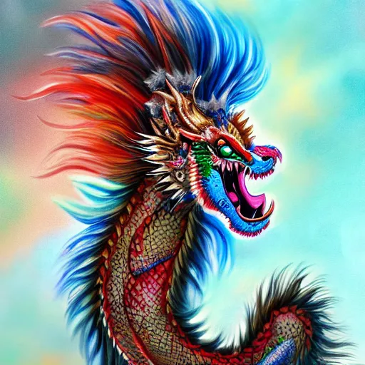 Image similar to cute fluffy baby chinese dragon with long colorful flowing lion mane with mohawk hairstyle hybrid animal detailed painting 4 k