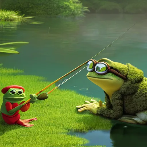 Image similar to a wholesome animation key shot of pepe the frog fishing in a pond, medium shot, studio ghibli, pixar and disney animation, sharp, rendered in unreal engine 5, anime key art by greg rutkowski, bloom, dramatic lighting