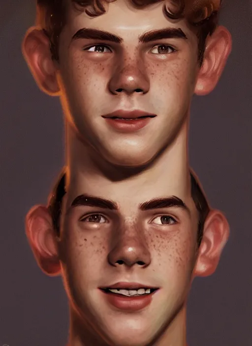 Image similar to portrait of teenage archie andrews, freckles, curly middle part haircut, curly hair, smiling kindly, friendly, 1 9 5 0 s, intricate, elegant, glowing lights, highly detailed, digital painting, artstation, concept art, smooth, sharp focus, illustration, art by wlop, mars ravelo and greg rutkowski