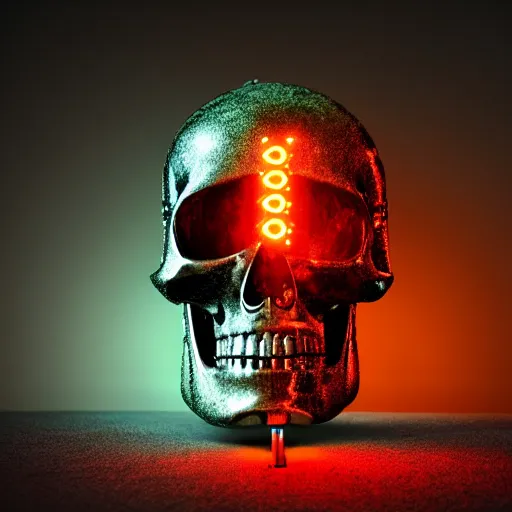 Prompt: psychedelic skull with a hood connected to a robotic body made of rusty metals holding a floating neon orb, electricity, high detail, cinematic lighting