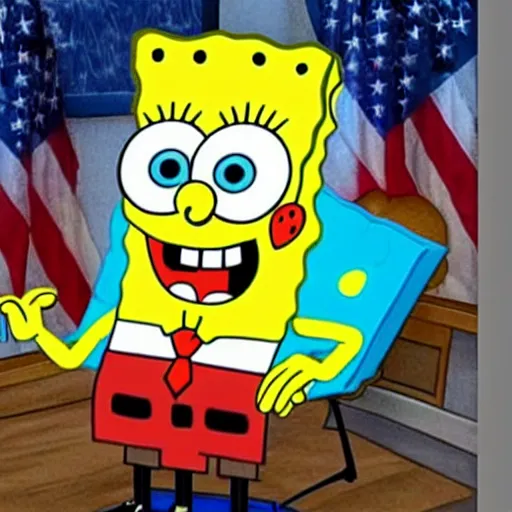 Image similar to spongebob in real life becoming president of the united states, hyper realistic,