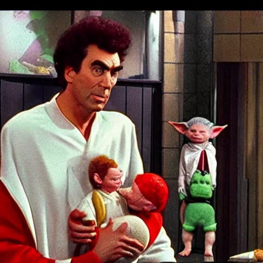 Image similar to cosmo Kramer from Seinfeld holding baby Yoda inside of a pizza hut, realistic, unreal, cinematic