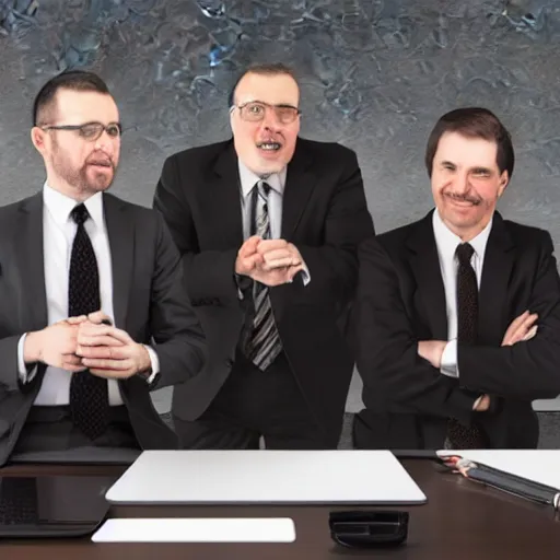 Prompt: hyperrealistic painting image where 3 happy businessmen appear in a business meeting