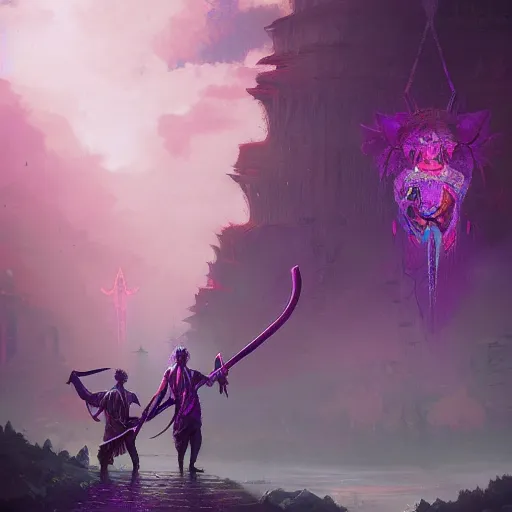 Prompt: hindu demons with axes, purple eyes with cloudy dystopian background, digital cgi rtx hdr painting bioluminance alena aenami artworks in 4 kby loish beeple, by thomas kinkade 2 2 2 2