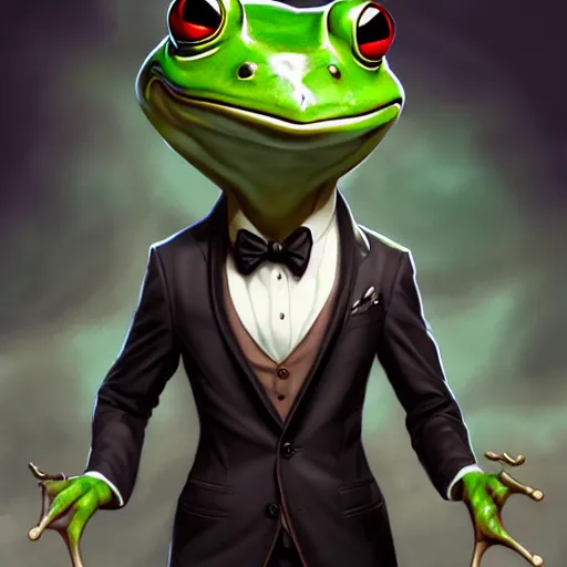 Prompt: an anthropomorphic frog wearing a tuxedo suit,Character design by charlie bowater, ross tran, artgerm, and makoto shinkai, detailed, inked, western comic book art, 2021 award winning painting,photorealistic,detailed face,professional lighting,studio photograph,hyperdetailed,art by greg rutkowski,digital art
