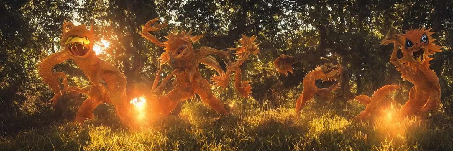 Image similar to photo of real life pokemons, creepy!!!, scaly!!!, gritty!!!, menacing!!!, evil, ultra realistic, gritty, golden hour, volumetric lighting, sharp focus