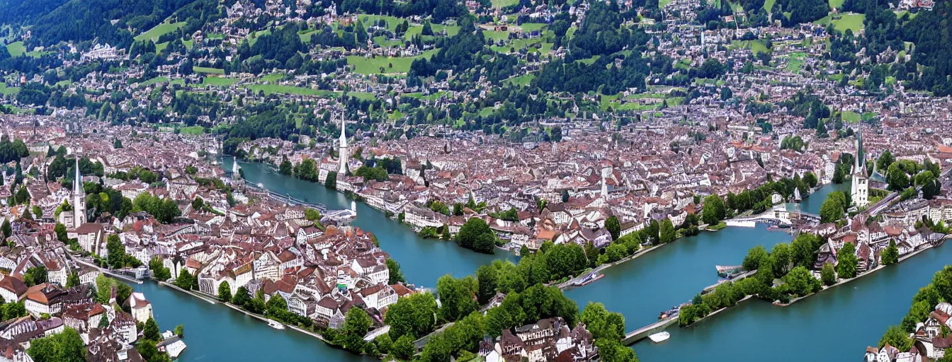 Image similar to Photo of Zurich, looking down the Limmat at the lake and the alps, Hardturm, Grossmünster, Lindenhof, Üetliberg, wide angle, volumetric light, hyperdetailed, light blue water, artstation, cgsociety, 8k