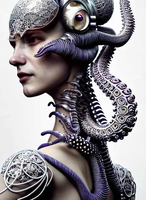 Prompt: portrait of an absurdly beautiful, graceful, sophisticated, fashionable cyberpunk mechanoid, hyperdetailed illustration by irakli nadar and alexandre ferra and vania zouravliov, intricate linework, white porcelain skin, faberge, octopus headdress, unreal engine 5 highly rendered, global illumination, radiant light, detailed and intricate environment