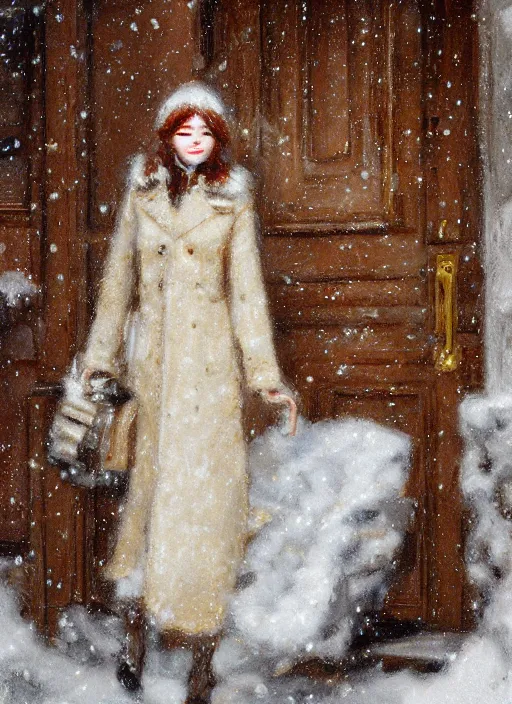 Image similar to emma stone beige coat walking into new york apartment building in winter, close up of wreath on door, snow, artwork by gaston bussiere, craig mullins, trending on artstation