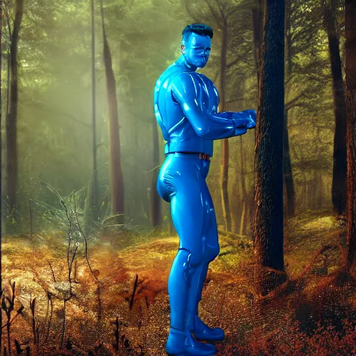 Image similar to A hyper real comic book style portait painting of T-1000 in the woods, unreal 5, hyperrealistic, octane render, cosplay, RPG portrait, dynamic lighting