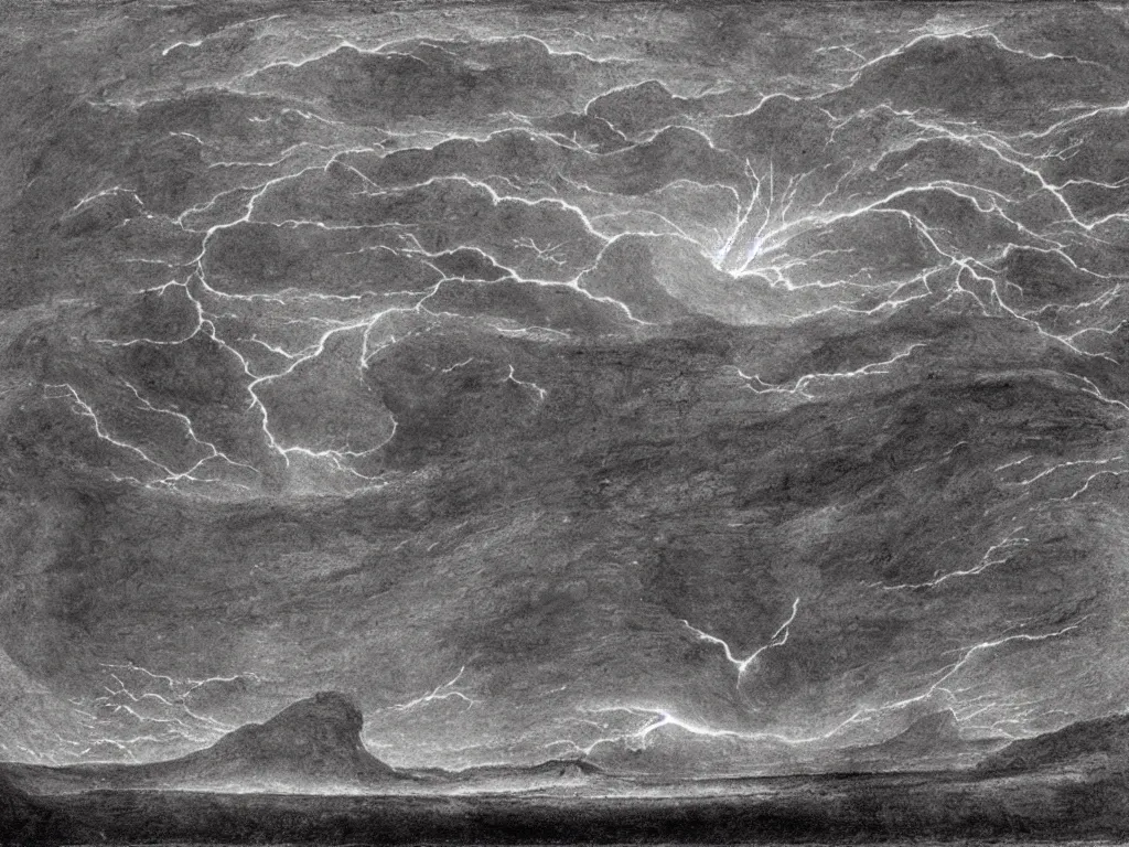 Prompt: Lightning striking the ground, making a forest of light. Hardened lava fields as far you can see. Cosmic melancholy, lunar. Painting by William Blake, Alfred Kubin