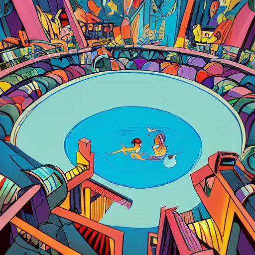 Prompt: colorful pixar, mcbess illustration, a portal to another world, opened in the middle of a swimming pool