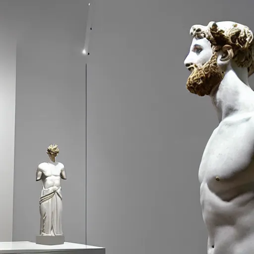 Image similar to a greek white marble statue wearing a vr headset displayed in a museum