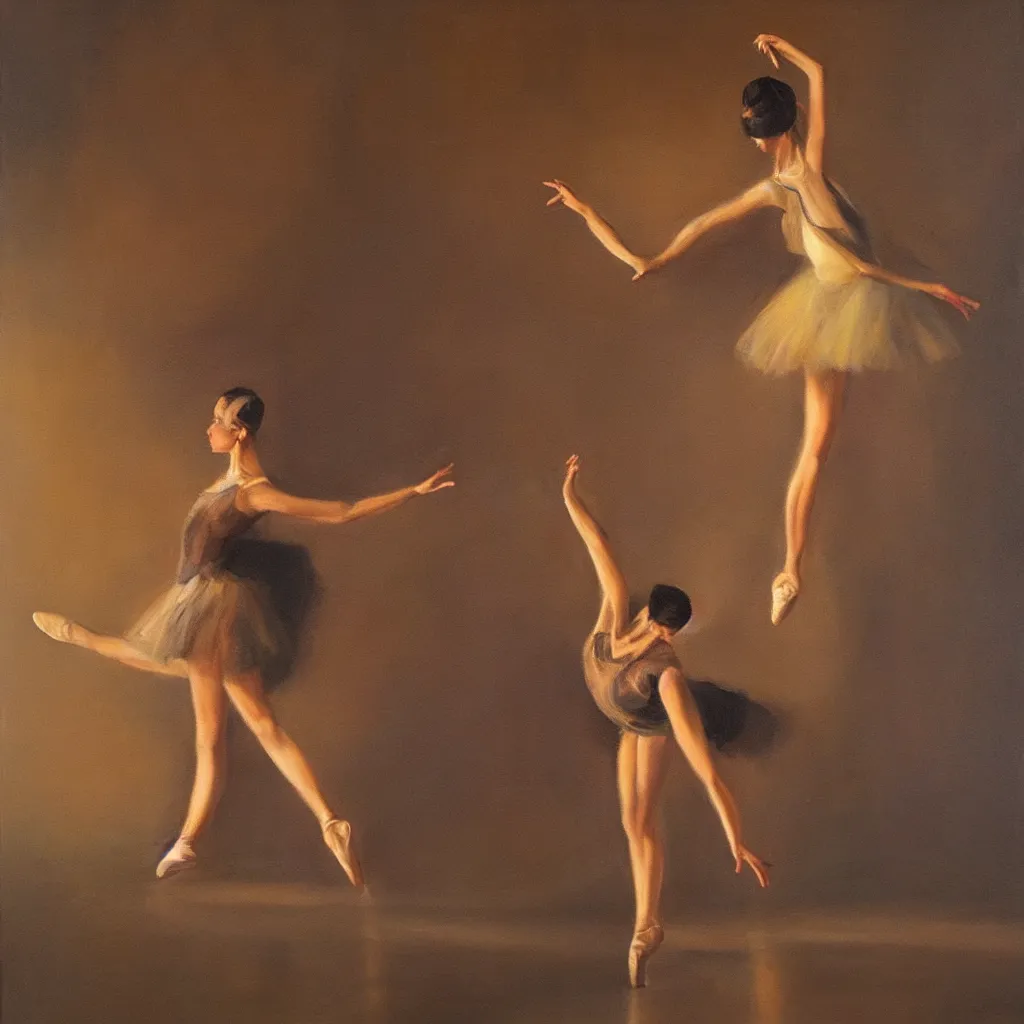 Image similar to a stunning oil painting of a singular ballerina in a spotlight, arabesque