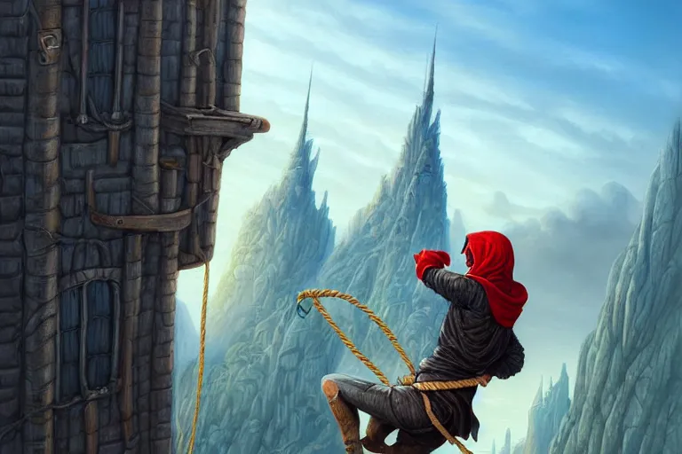 Image similar to landscape painting of a hooded thief in leathers using a rope to climb a tall building with a fantasy city, fine details, magali villeneuve, artgerm, rutkowski