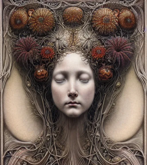 Image similar to detailed realistic beautiful summer goddess face portrait by jean delville, gustave dore, iris van herpen and marco mazzoni, art forms of nature by ernst haeckel, art nouveau, symbolist, visionary, gothic, neo - gothic, pre - raphaelite, fractal lace, intricate alien botanicals, ai biodiversity, surreality, hyperdetailed ultrasharp octane render