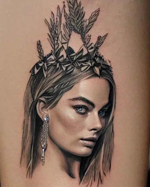 Image similar to realism tattoo sketch of margot robbie as a beautiful greek goddess aphrodite with piercing eyes wearing a laurel wreath and triangle earrings, in the style of greg rutkowski, amazing detail