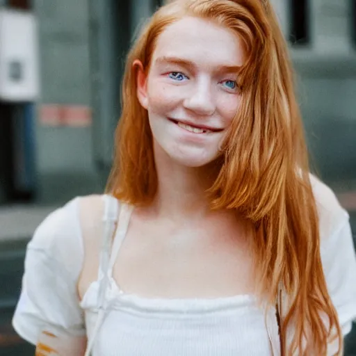 Image similar to Portrait photograph of a Strawberry-Blonde Girl, Young Beautiful Face, Green Eyes, Freckles, Wearing a white crop-top and jeans, with a subtle smile, Humans of New York Style, Leica Camera 50mm lens, street photography, grainy film photo