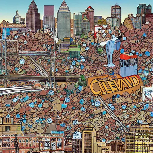 Image similar to cleveland skyline in the style of Geof Darrow