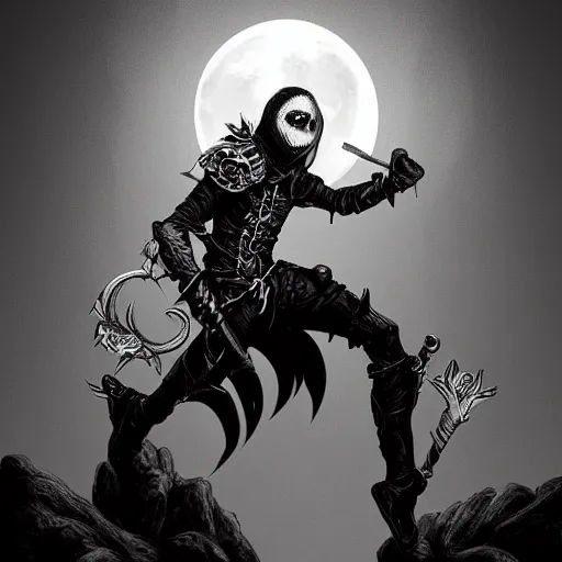 Prompt: black and white deathmetal thief leaping dual daggers leather moonlit, artstation trending