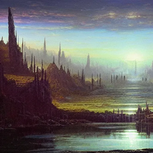 Prompt: irithyll of the boreal valley, beautiful extremely detailed landscape oil on canvas painting in the style of 1 9 th century hudson river school of art