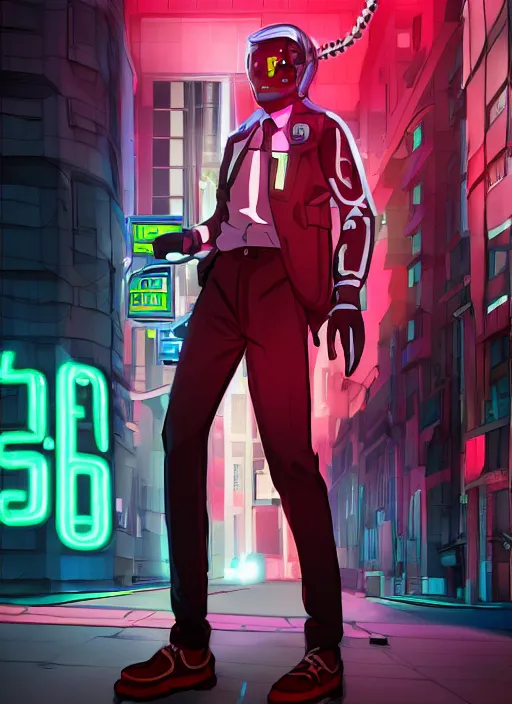 Image similar to Male cyborg wearing a school uniform, standing on street corner lit by a neon sign”, full body shot, cyberpunk, Digital art, detailed, anime