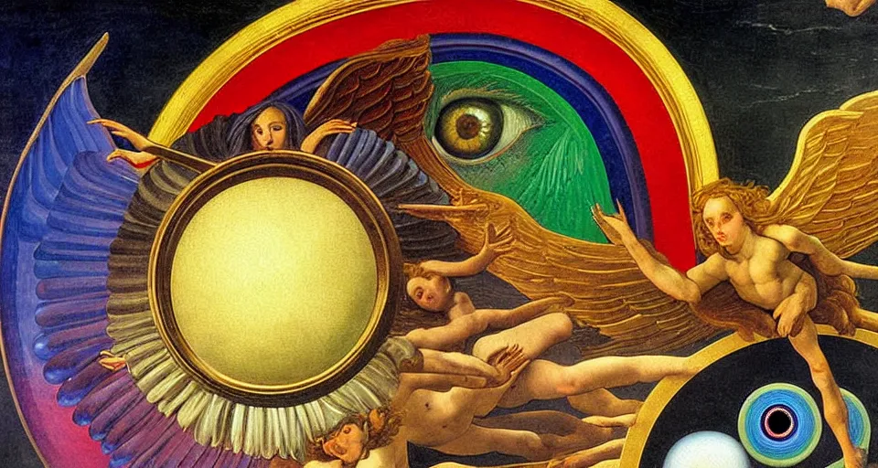 Image similar to painting of rainbow ophanim surrounded by large diagonally rotating rings, ophanim has bird wings, giant eyeball in the middle of the ophanim, by roberto. ferri, sandro botticelli, by caravaggio, by alexandre cabanel, by george clark stanton, amazing details, mythological, biblical, beautiful composition