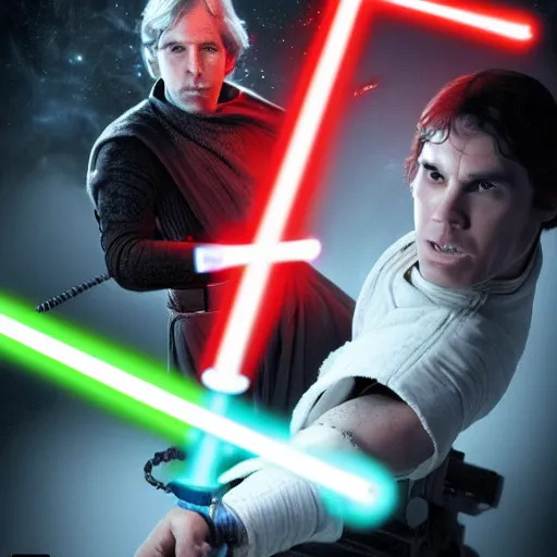 Image similar to starkiller from the force unleased having a lightsaber duel with luke skywalker ultrarealistic, foggy, dramatic,