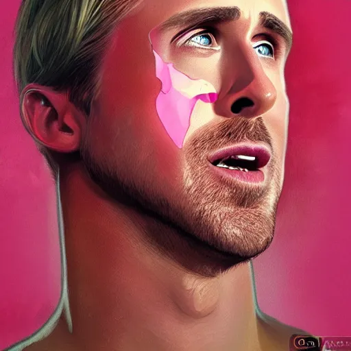 Image similar to ryan gosling doing gay gestures, surprised, mouth open, pink lighting ultra realistic photorealistic highly detailed high quality, a stunningly, digital painting, artstation, concept art, smooth, sharp focus, illustration, art by artgerm and greg rutkowski and alphonse mucha 8 k