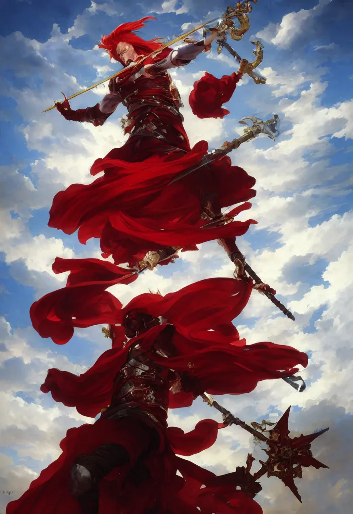 Image similar to A boisterous Red Mage wearing striped shining armor holding a staff of power surrounded by an epic cloudscape. The Magus Omega . Red Wizard. Morpheus. masterpiece. 4k digital illustration. by Ruan Jia and Artgerm and Andreas Rocha and William-Adolphe Bouguereau and Jean-Baptiste de Champaigne. award winning, Artstation, intricate details, realistic, Hyperdetailed, 8k resolution. Concept Painting. Key Art