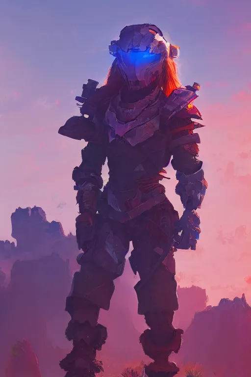 Image similar to combination suit armor aloy horizon forbidden west horizon zero dawn radiating a glowing aura global illumination ray tracing hdr fanart arstation by ian pesty and alena aenami artworks in 4 k tribal robot ninja mask helmet backpack