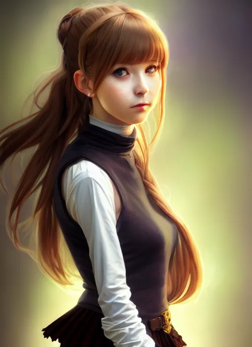 Image similar to portrait of a full body of beautiful young female detective, d & d, sleeveless turtleneck, pleated skirt, fantasy, flat lighting, intricate, highly detailed, digital painting, artstation, concept art, smooth, sharp focus, illustration, misa amane, art by simon bisley and greg rutkowski and alphonse mucha, natural tpose