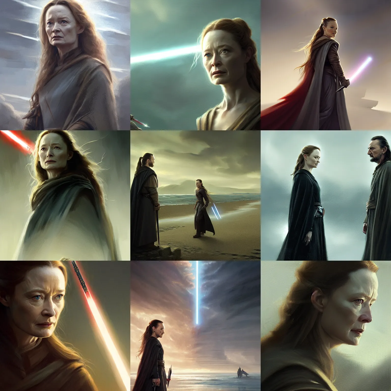 Prompt: miranda otto / eowyn facing liam neeson / qui - gon jinn, digital art by greg rutkowski