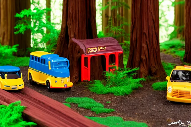 Image similar to fisher price redwood forest, california scene from tv show hyper detailed 5 5 mm 8 5 mm, toy photography, made out of plastic