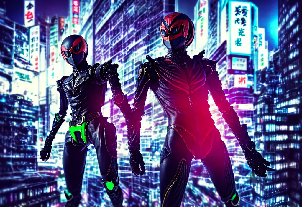 Prompt: kamen rider action pose, human structure concept art, human anatomy, full body hero, intricate detail, hyperrealistic art and illustration by lim haksu, a. k. a limha lekan a. k. a maxx soul, global illumination, blurry and sharp focus, on tokyo cyberpunk night rooftop, frostbite engine