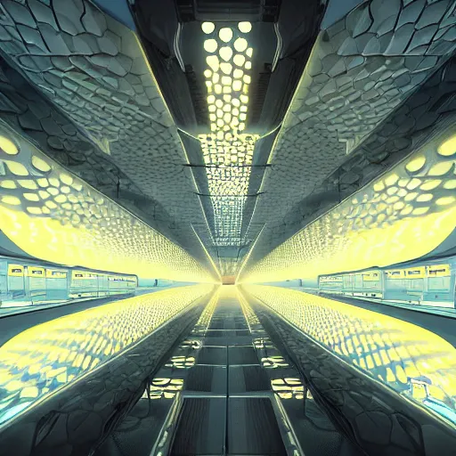 Image similar to detailed futuristic utopian art, artstation style, honeycomb halls, interior, futuristic government chambers, very large hall with many cubicles of desks and chairs arranged in circles, many computer screens, soft lamp illumination and multiple doorways, synthwave, futuristic utopian architecture