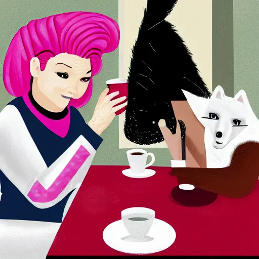 Image similar to captain janeway sharing coffee with a robotic fox with pink hair, in a french cafe, digital art