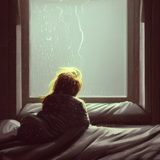 Image similar to on a rainy day, someone sits in bed, curled up under the covers, looking out the window, cinematic, artstation, extremely detailed, intricate, cinematic lighting