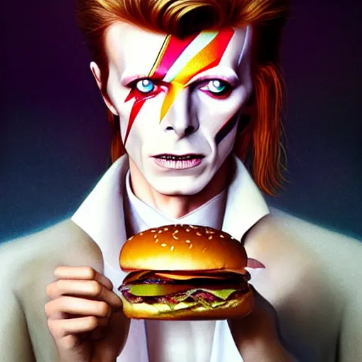 Prompt: portrait of david bowie eating hamburgers, extra onions and ketchup, luscious patty with sesame seeds, ethereal, handsome, d & d, fantasy, intricate, elegant, highly detailed, digital painting, artstation, concept art, matte, sharp focus, illustration, art by artgerm and greg rutkowski and alphonse mucha