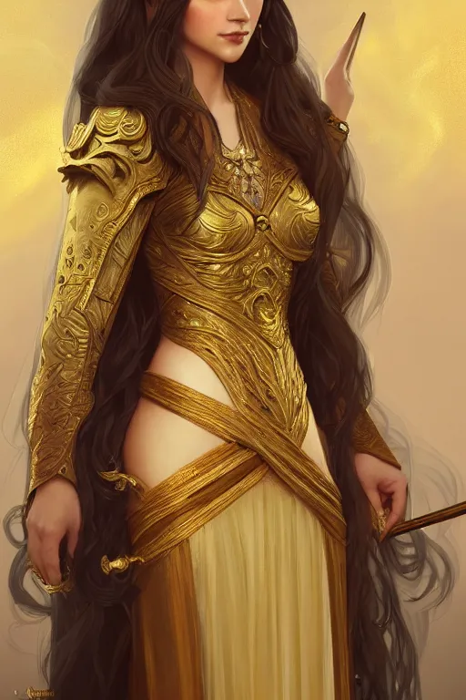 Image similar to beautiful female princess, long dress, full body shot, long hair, d & d, fantasy, intricate, elegant, golden trims, highly detailed, digital painting, artstation, concept art, matte, sharp focus, illustration, hearthstone, art by artgerm and greg rutkowski and alphonse mucha