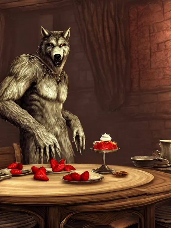 Image similar to cute!!! handsome cuddly burly surly relaxed calm timid werewolf from van helsing sitting down at the breakfast table in the kitchen of a normal country home cooking having fun lighthearted whimsy baking strawberry tart cakes unreal engine hyperreallistic render 8k character concept art masterpiece screenshot from the video game the Elder Scrolls V: Skyrim