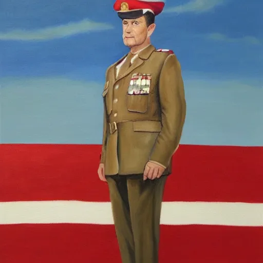 Prompt: a realistic painting depicting a man wear brown veteran uniform, standing elegantly, wearing loafers, behind him is a flag which rectangular in shape with a width of 2 / 3 ( two - thirds ) of the length and the top is red and the bottom is white, both halves are the same size.