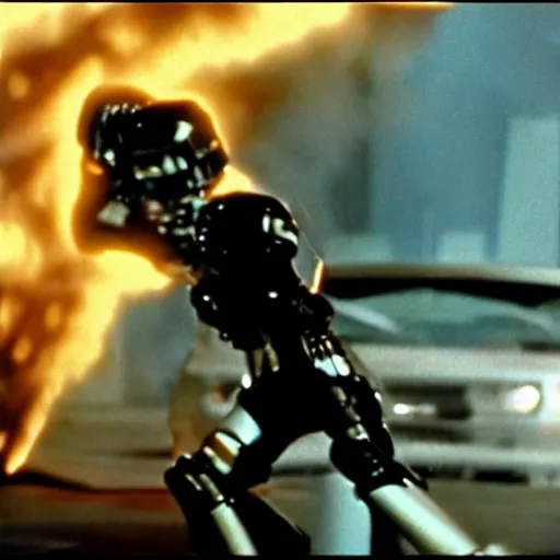 Image similar to film still from the 1995 movie 'Future Ignition'. Exciting futuristic action scene with explosions. Sigma 85mm f/8