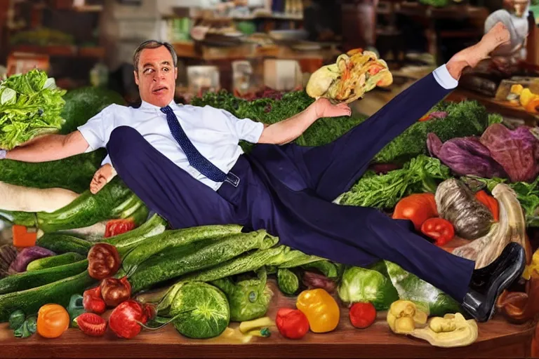 Image similar to nigel farage laying on top of vegetables on a table, a bronze sculpture by jeff a. menges, trending on pinterest, hyperrealism, hyper - realistic, hyper realism, playstation 5 screenshot