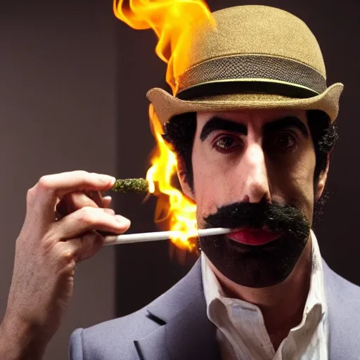 Image similar to Sacha Baron Cohen as borat smoking a giant rolled cannabis cigarette, smoke, 8k, hyper-detailed, cinematic