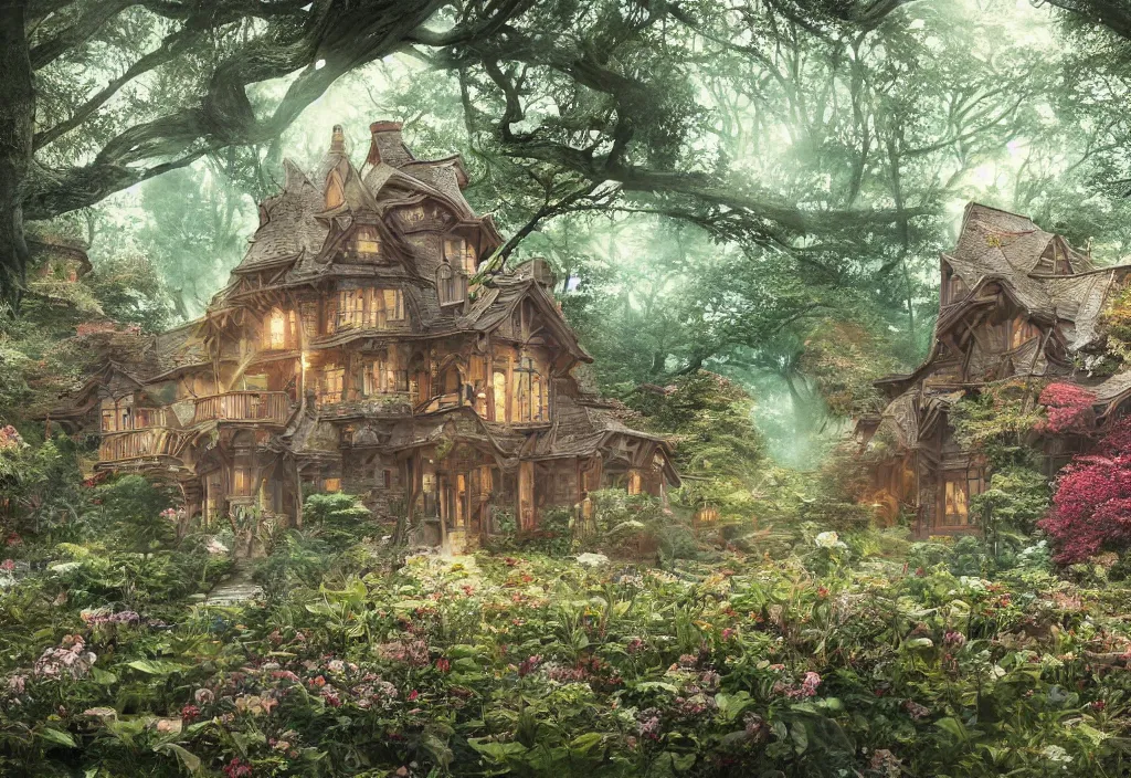 Prompt: a house sitting in a forest, wallpaper, ornate, beautiful, atmosphere, vibe, flowers, concept art illustration, color page, 4 k, tone mapping, doll, akihiko yoshida, james jean, andrei riabovitchev, marc simonetti, yoshitaka amano, digital illustration, greg rutowski, volumetric lighting, sunbeams, particles