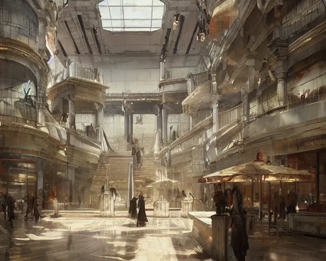 Image similar to a mall in the style of ancient imperial rome cities, art by greg rutkowski and artgerma, stunning concept art, interior design architecture