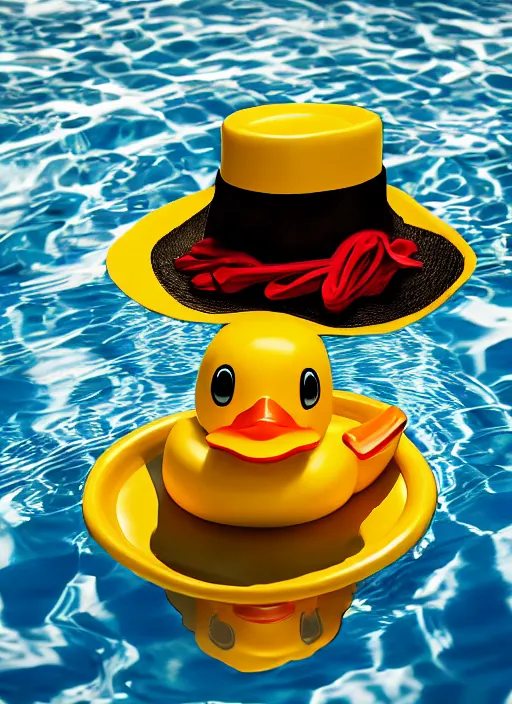 Prompt: photorealistic rubber duck in a pool wearing a sombrero hat, dynamic lighting, cinematic, hyper realism