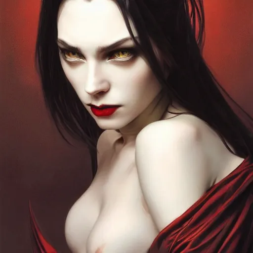 Prompt: perfectly - centered - portrait - photograph of evil vampire, the perfect human female specimen, intricate, elegant, super highly detailed, professional digital painting, artstation, concept art, smooth, sharp focus, no blur, no dof, extreme illustration, unreal engine 5, 8 k, art by artgerm and greg rutkowski and alphonse mucha loish and wlop