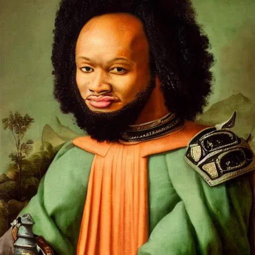 Image similar to photograph of a black man with afro hair wearing an army green cloak, riding!!! an orange!! bull!!!, renaissance style painting